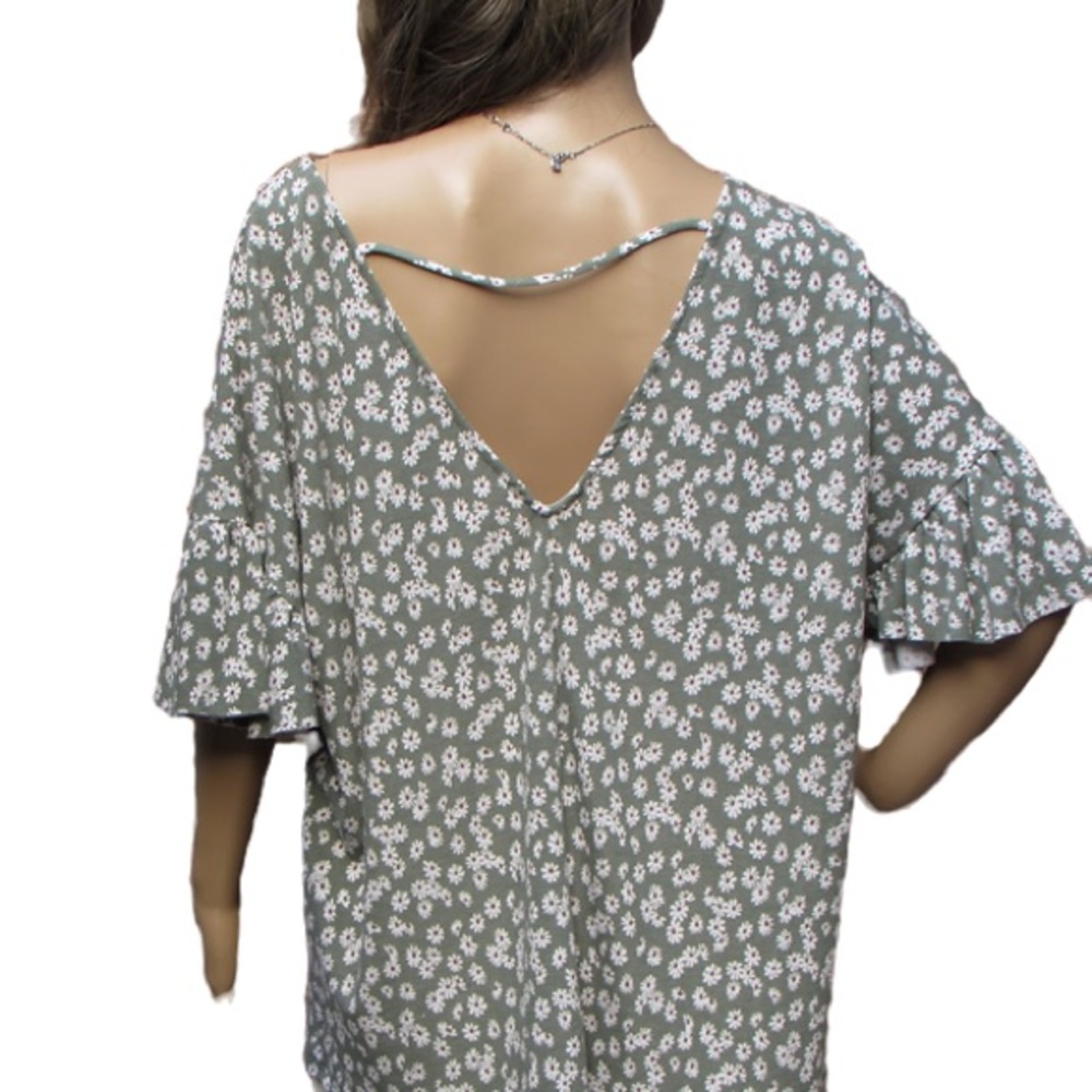 Plus Size Floral Print ruffled sleeves knit top